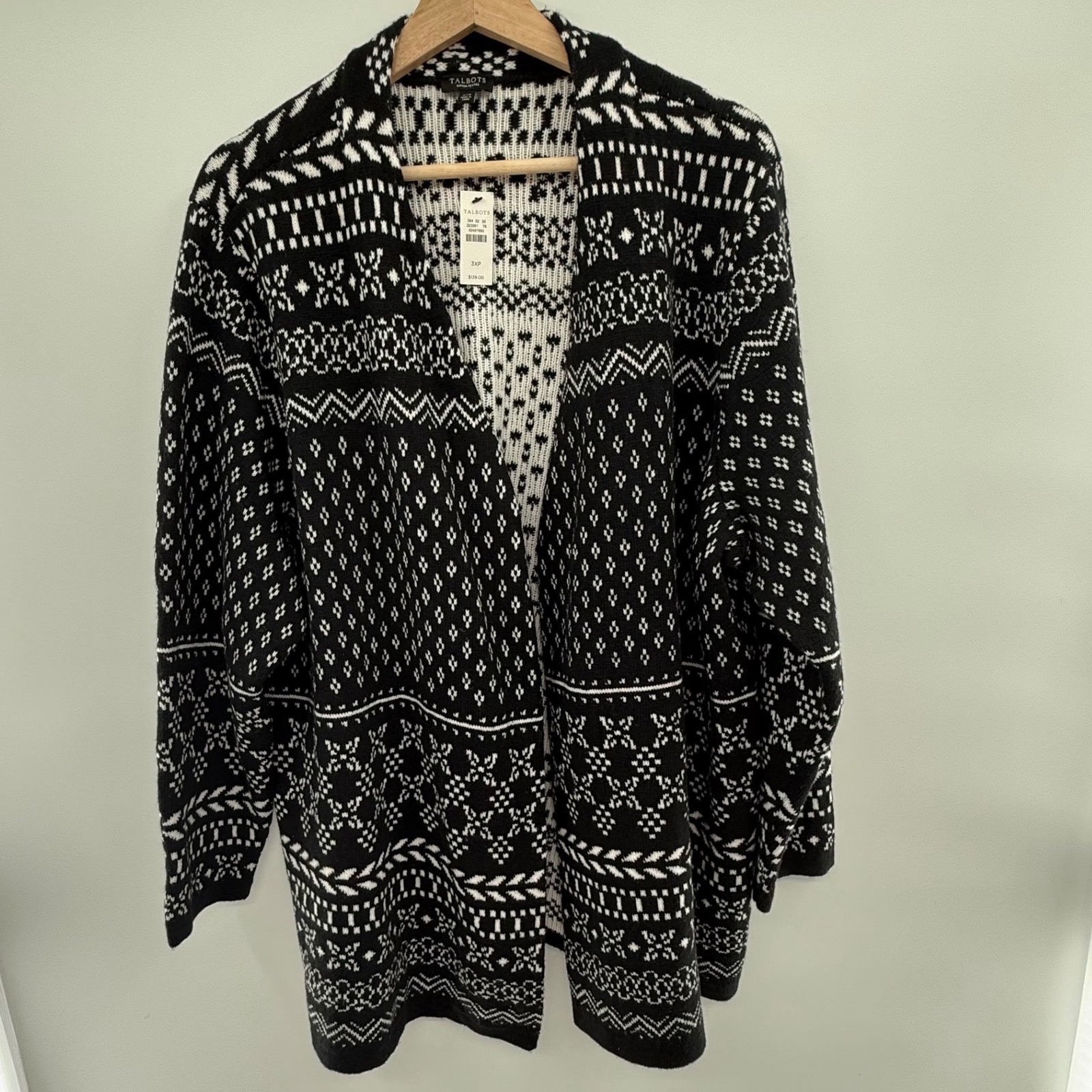 Talbots Fair Isle Cardigan Sweater 3xp Black White Open Front Nordic Knit